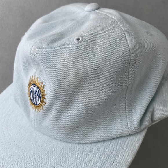 Stussy Sun Logo Snapback Hat Lt Blue Chambray Skate Surf 90s Retro OSFA Cotton - Picture 7 of 10